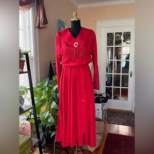 Sas’sa Red Fringe V-Neck Western Style  Maxi Dress